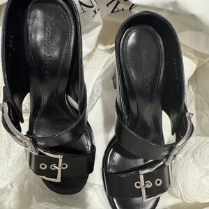 NWB Alexander McQueen Black Leather Heels with Silver Buckles